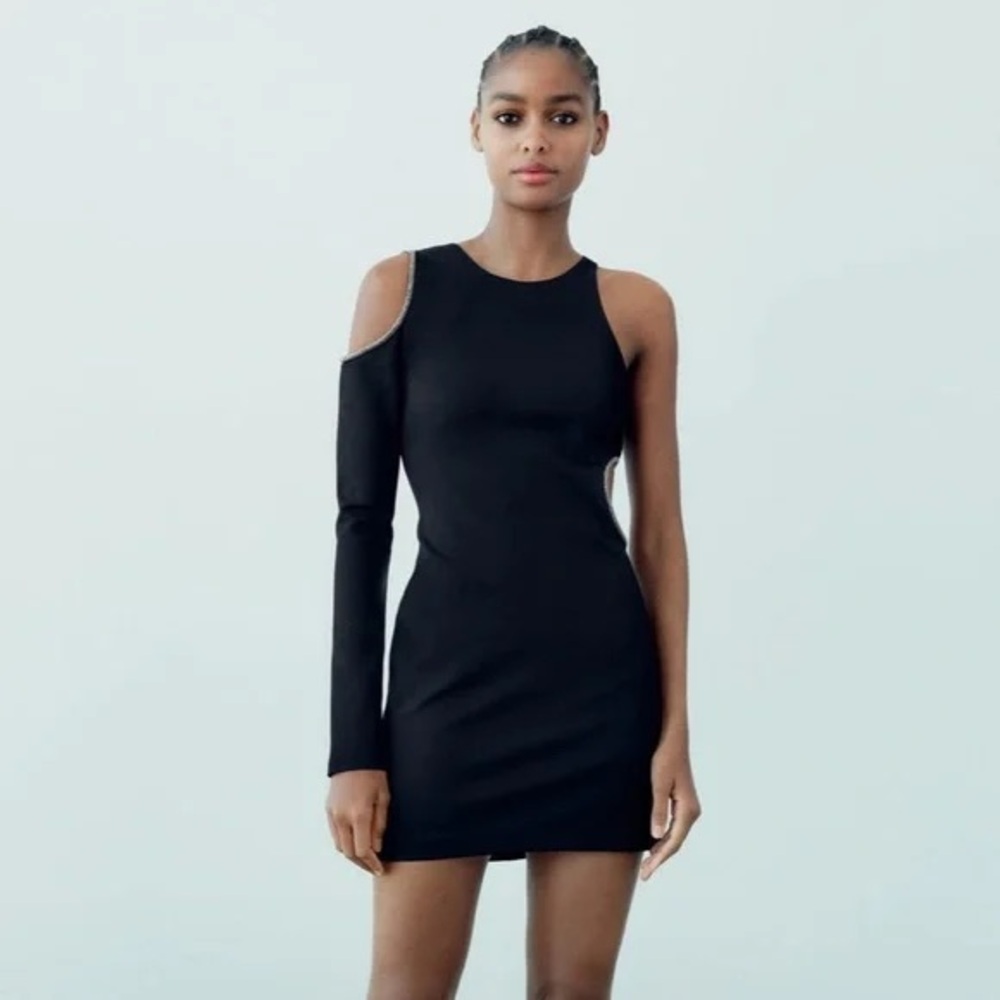 Zara Black Asymmetrical Dress with sequin Cutout Accents